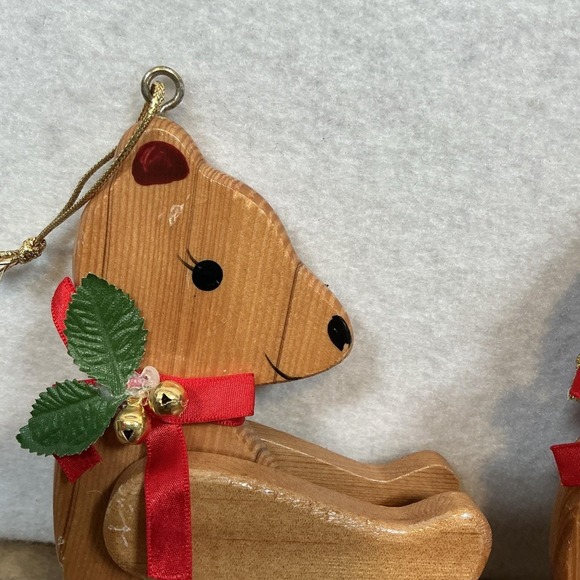 Vintage 2 Teddy Bear Wood Christmas Ornament Moving Arms Legs - Picture 2 of 9